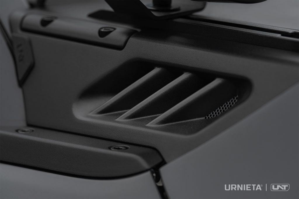 URNIETA LC250 A-Pillar Lighting Brackets on a Toyota Land Cruiser 250, studio macro of the bracket vent grille and adjustable rail, unloaded