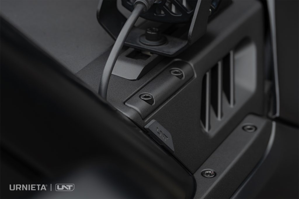 URNIETA LC250 A-Pillar Lighting Brackets on a Toyota Land Cruiser 250, studio view from above of the bracket with auxiliary light mounted