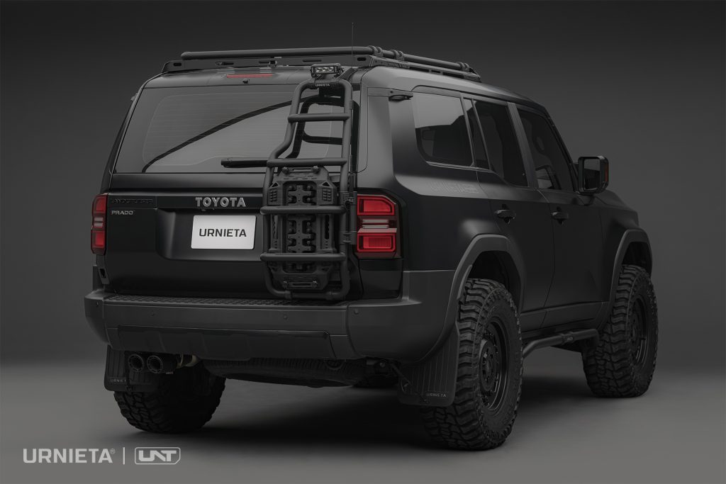 URNIETA Rear Ladder Kit for Land Cruiser 250, studio rear three-quarter view of the full vehicle with ladder